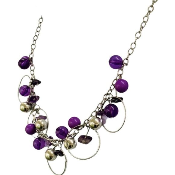 Purple Cluster Beaded Necklace 20" Circle Fashion Statement - Picture 6 of 11